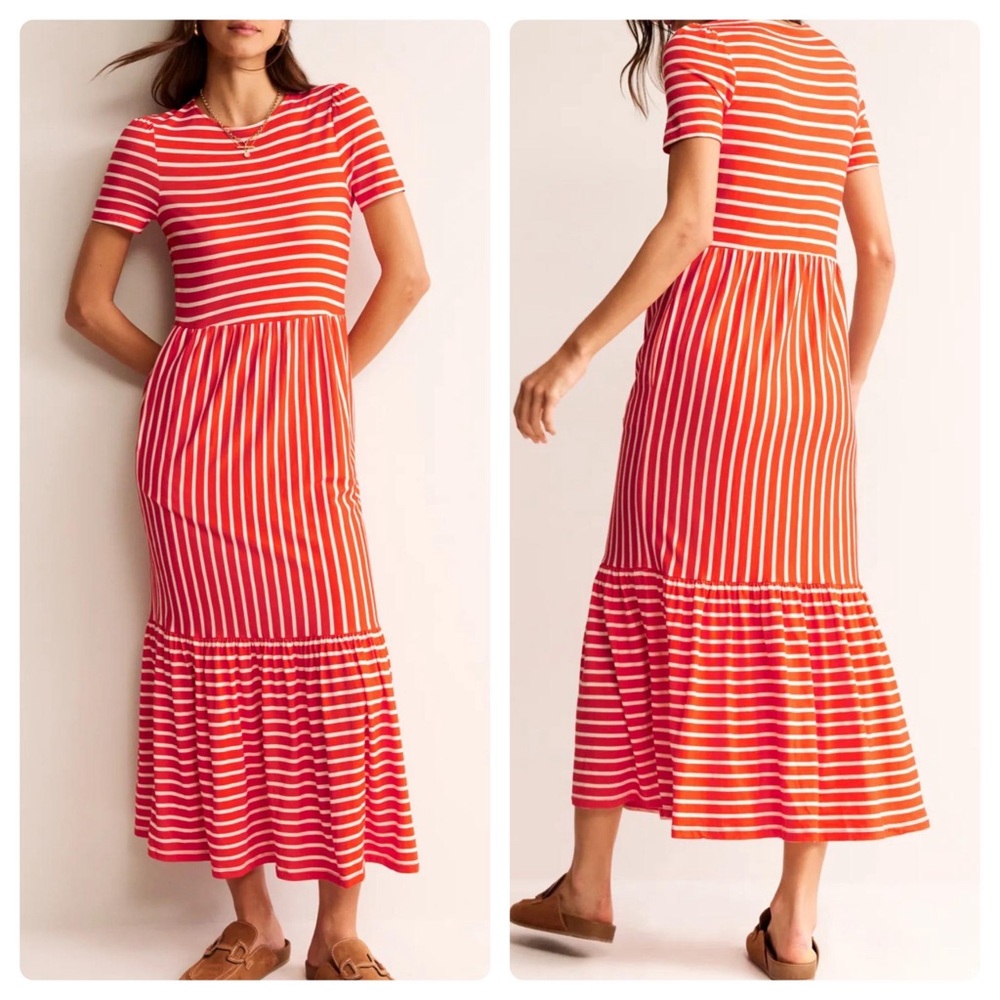 Boden Emma Tiered Jersey Midi T-Shirt Dress Tangerine Orange & White US 8 Petite